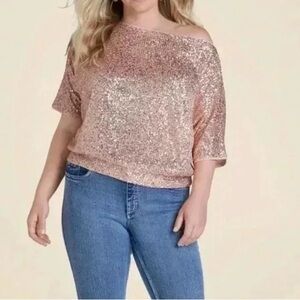 VENUS Rose Gold Sequin Blouse Size 1X Micro Sequin Ragland Sleeve